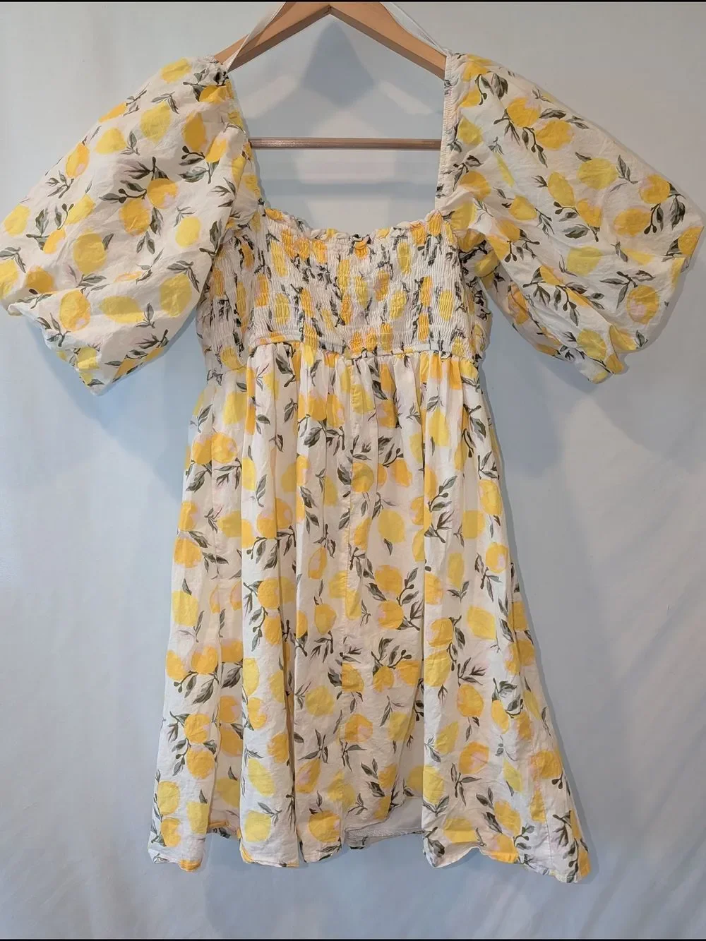 Trixxi Lemon Print BabyDoll‎ Dress Puff Sleeves Empire waist ruched Cotton